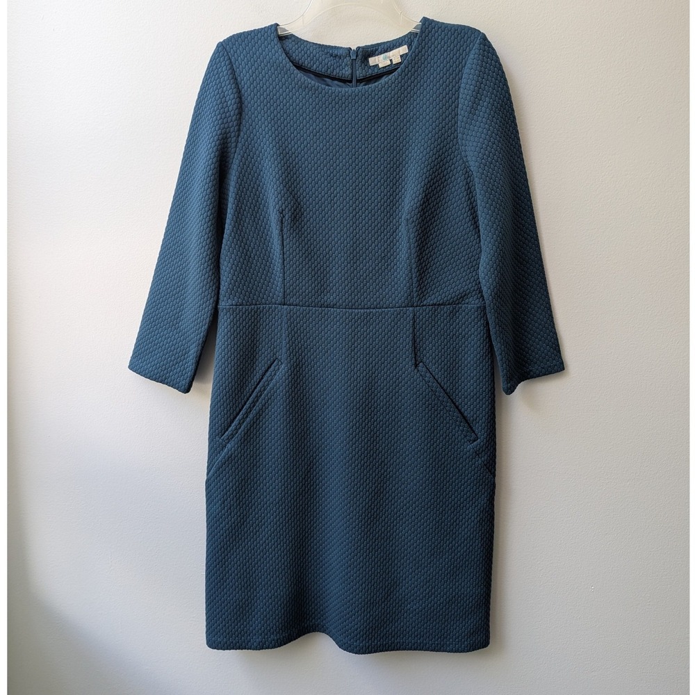 Boden Sheath Dress Teal Blue Honeycomb Jacquard Textured Pockets 10 Retro Mod